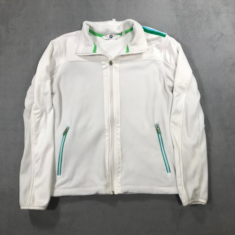 BMW Logo Motorsport Womens Fleece Jacket Medium White Golfsport Full Zip Preppy